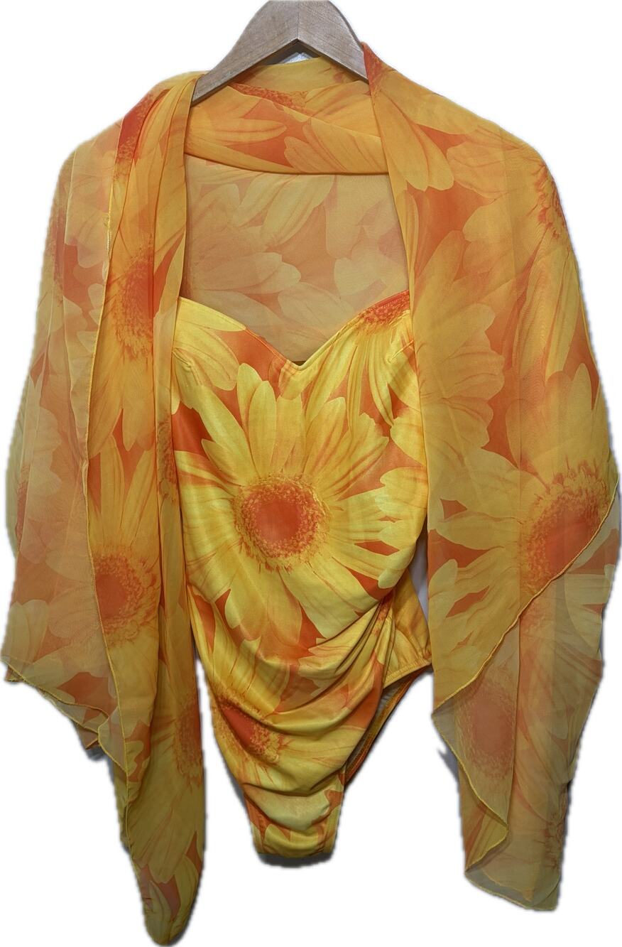 VTG fredericks of Hollywood Swimsuit Shawl Set Yellow Floral Vacation Resort 14
